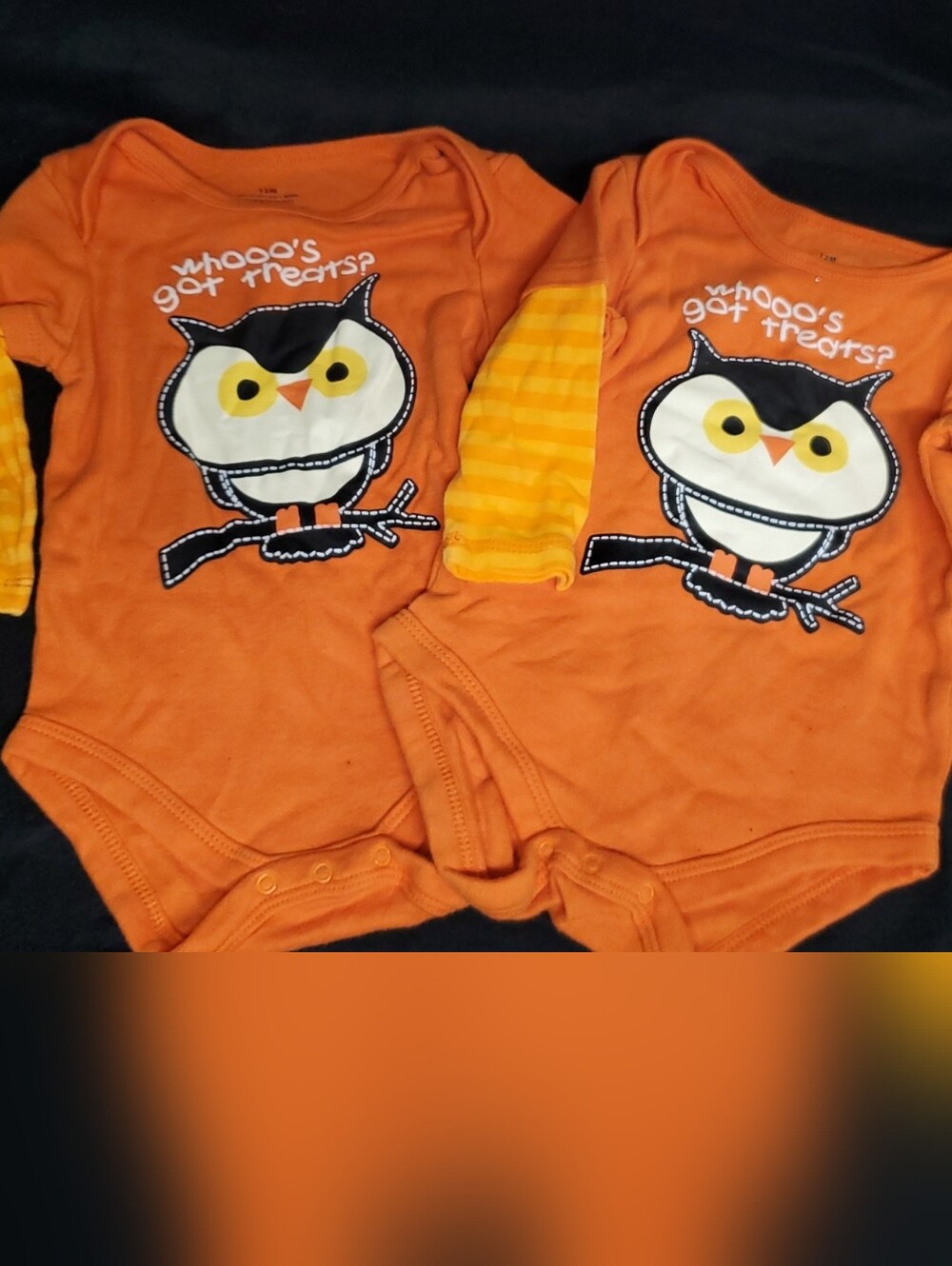 Two (Twin) Orange Halloween Owl Long-Sleeve Onesies